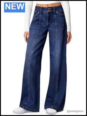High Waisted Wide Leg Stretchy Jeans with Seamed Front Double Buttons